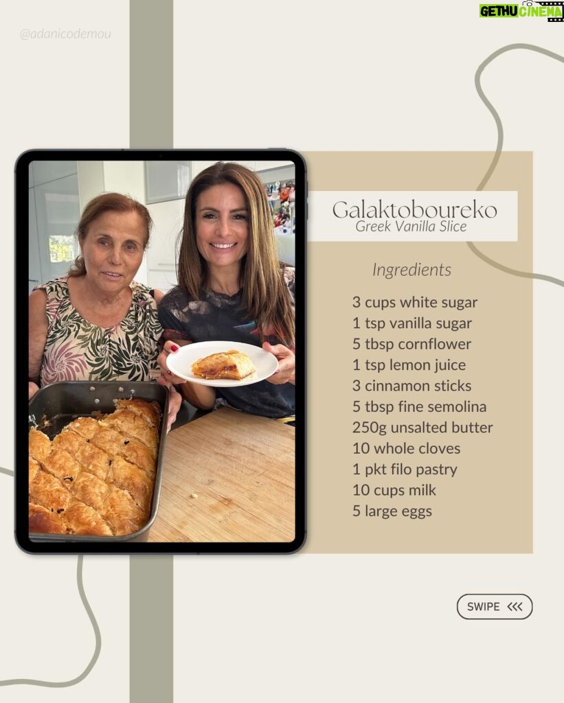 Ada Nicodemou Instagram - Back with another of Mums delicious Greek recipes! 🤩 Galaktoboureko aka Greek Vanilla Slice! 🍰 Swipe for all the steps 👩🏽‍🍳 What should we make next? 👀