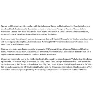 Adrienne Warren Instagram - I love historical dramas and I thought we should have our own.
In a time of historical erasure and book bans, I wanted to develop a show that centered our life, innovation, entrepreneurship, beauty, nuance, heart, and culture set in a place WE built. 
Thank you @kaplanaaron and @kapital_entertainment for your constant support.
So grateful to team up with the incredible @erichaywood, Hannibal B. Johnson Esq. of the Tulsa Community Foundation, and @peacock to bring this to life. 🙏🏾
