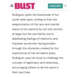 Aida Rodríguez Instagram - Thank you @bust_magazine for this amazing write up on my book #legitimatekid It is bold and stares in the face of the many monsters that I wanted to confront. The womanNESS that showed up for me throughout my entire life cannot be overshadowed by the absence of my father. I really appreciate you pointing out what so many missed in my life, including me. My book has been out a month, and the responses that I have received have been overwhelmingly loving, supportive and full of gratitude. I appreciate every single one of you! I will continue to uplift the voices of the people who are often ignored and disrespected in this society. They are, and will forever be, my heroes‼️ Click the link in the bio and order a copy today. Legitimate Kid is available wherever books are sold.