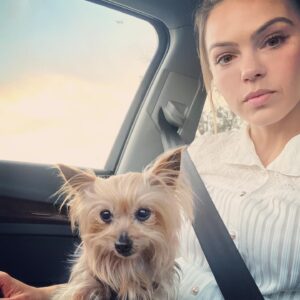 Aimee Teegarden Instagram - “Stuck in traffic Blue-Steel family photo shoot”  #mamarazzi 💗🐶💗