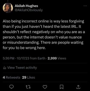 Akilah Hughes Instagram - Partially a brag that I never updated Twitter so it still says “tweets” and “retweets,” partially me trying to give a little advice. Love to you. ❤️