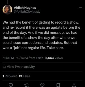 Akilah Hughes Instagram - Partially a brag that I never updated Twitter so it still says “tweets” and “retweets,” partially me trying to give a little advice. Love to you. ❤️