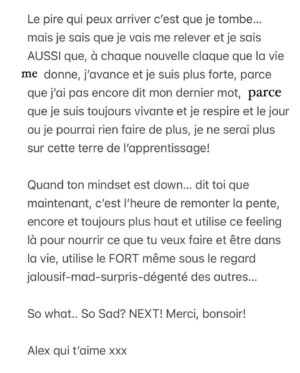 Alexandra Cosentino Instagram - Si pour devenir un vrai cow-boy tu dois tomber de ton cheval at least 100 fois… 🥹 Ce petit talk te ré-apprendra ce que les down de la vie nous font trop souvent oublier.

Dédicace spéciale à une GlowGirl que j’adore, you know who you are & you are FABULOUS ! 🫶🏽🌼❤️ 

#coulisses #coachingpersonal #underdogmentality #bulldogdetermination