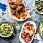 Ali Larter Instagram – Summer bbq spread! Grilled chicken with peach bbq sauce, buttery corn, sliced heirlooms with blue, mustardy potato salad with green beans, and a bucket of cold brews. Which is your first bite?