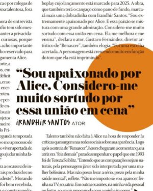 Alice Carvalho Instagram - 🌾 agradeço ao @elaoglobo e ao @jornaloglobo pela capa deste domingo, pela gentileza e interesse nesse meu fazer. gente é mesmo pra brilhar, não pra morrer de fome.

com uma surpresa bonita, recebi afago também de amigos que me deram a mão e o colo nesses meses de novela - que tenho muito orgulho em fazer e aprender todo dia. @irandhirsan , @waltercarvalho29 e gustavo fernandez, cúmplices. obrigada pelas palavras! 🤍

🌾 no sonho bonito de nossos ancestrais, um futuro de brilho, bem-querer mutuo e beleza é possível. 🤍 é palpável, é sonho lúcido, é possível mesmo.
 
— salve grande para minha irmã @edvanacarvalho, deslumbrante. elegante! grandemente respeitada na edição deste domingo também, como se deve ser! asé. 🤍

fotografia: @maga.maju
ass. de foto: @hilditt0 
beleza: @fernandasuzz 
edição de moda: @lucasmagnof 
ass. de styling: @fabypernambuco
prod. executiva: @kgrativol @juschiffler
agradecimento: @lajedo

agenciamento: @conde_mais 
assessoria: @estarcomunicacao
