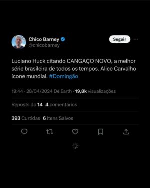 Alice Carvalho Instagram - passando pra agradecer ao @domingao, ao @lucianohuck e aos colegas ali comigo por esse dia divertidíssimo na dança e essa homenagem emocionante com minha família e meus amigos envolvidos.

a trajetória é sempre coletiva, há de ser sempre, e esses reconhecimentos bonitos ao meu trabalho sempre me fazem ser muito grata aos que caminham comigo e tornam os sonhos possíveis.

obrigada a toda produção, @larinhardantas, time-familia @conde_mais e ao time de renascer. 

fotos: @tvglobo / beatriz damy 
styling: @jaiarafontes
calça: @_goodfela_ 
blazer/acervos: @acervodaspiorais @amosfonseca_ 
assessoria: @estarcomunicacao