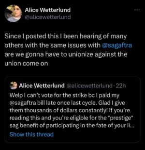 Alice Wetterlund Instagram - So after posting this I’ve heard from a bunch of folks who are in the same boat with @sagaftra not allowing members to vote, despite their confusing by-laws regarding late payment. This will undoubtedly affect the vote to strike. If anyone can repost and tag SAG Aftra and / or send contact info for anyone at @latimes or other media outlets that would be great. The anti-union policies of @sagaftra should be known.