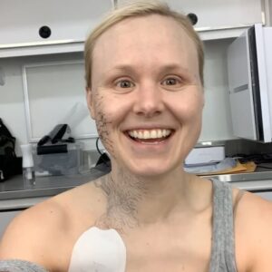 Alison Pill Instagram - @kevinkirkpatrickart is a gosh darn genius.  And scroll to see how I rolled to school dropoff last year.  Fancy. Image description: a Timelapse video of grey makeup, tattoos, and veining being applied, and an image of a blond woman in a mask with veining and Borg hardware on her chest.