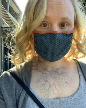 Alison Pill Instagram - @kevinkirkpatrickart is a gosh darn genius.  And scroll to see how I rolled to school dropoff last year.  Fancy. Image description: a Timelapse video of grey makeup, tattoos, and veining being applied, and an image of a blond woman in a mask with veining and Borg hardware on her chest.