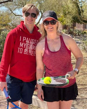 Alison Sweeney Instagram - Sunday morning tennis practice. Ben is teaching me how to play - slow going. lol. 🎾