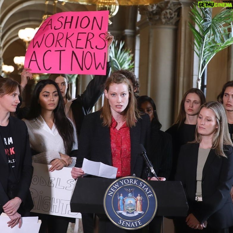 Alyssa Sutherland Instagram - Lobbying in Albany with the @modelallianceny to garner support for the #FashionWorkersAct. Models today face the same dangers they always have (rampant wage theft, labor and sex trafficking, zero basic workplace protections) along with the added threats of AI. The fashion industry has been overlooked for decades and it’s time for change. The #FashionWorkersAct would establish basic protections for the modeling workforce that most other industries are afforded and with less than two months before the legislative session ends, we need your support! Help us pass the #FashionWorkersAct. Please amplify and follow along (@modelallianceny) for more opportunities to get involved! Link in bio for more info. @bradhoylman @karinesreyes87 @govkathyhochul