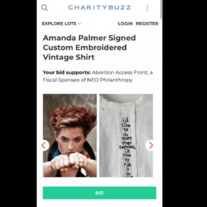 Amanda Palmer Instagram - It wasn’t me who chose the lyric, but “I’d like to do more than survive, I’d like to rub it in your face” for a quote to be embroidered on a shirt to raise funds for Abortion Access Front (@abortionfront) seems very logical. I am HONORED AF to be joining forces with @sarahkatesilverman, @jamieleecurtis, @margaret_cho, @stevienicks, @sandragbernhard, @nekocaseofficial, @busyphilipps and more to raise funds for this critical cause. All of us provided a quote, the quote was embroidered onto a vintage shirt, and all the shirts are up for auction. The auction closes May 16th so go FAST and bid. Your dollars will towards the endless battle to make sure people can access safe and legal abortion in our country. It’s getting more and more important every day. Dig deep and bid high. If you win this shirt and bring it to a show I promise I will personally also make it out to you and draw a dick on it if you want. Link to the auction in stories and in the @abortionfront feed. 

Thanks to @mwmccomiskey for taking the shots of me and to @lizzwinstead for putting this epic idea together. GO BID.