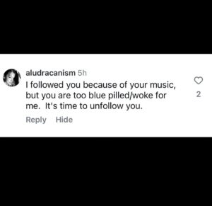 Amanda Palmer Instagram - From today’s covid vaccine post and I am honestly wondering what music - for the love of the baby Jesus - this person heard. It’s not like my lyrics are … whatever. I give up.