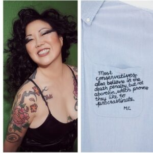 Amanda Palmer Instagram - It wasn’t me who chose the lyric, but “I’d like to do more than survive, I’d like to rub it in your face” for a quote to be embroidered on a shirt to raise funds for Abortion Access Front (@abortionfront) seems very logical. I am HONORED AF to be joining forces with @sarahkatesilverman, @jamieleecurtis, @margaret_cho, @stevienicks, @sandragbernhard, @nekocaseofficial, @busyphilipps and more to raise funds for this critical cause. All of us provided a quote, the quote was embroidered onto a vintage shirt, and all the shirts are up for auction. The auction closes May 16th so go FAST and bid. Your dollars will towards the endless battle to make sure people can access safe and legal abortion in our country. It’s getting more and more important every day. Dig deep and bid high. If you win this shirt and bring it to a show I promise I will personally also make it out to you and draw a dick on it if you want. Link to the auction in stories and in the @abortionfront feed. 

Thanks to @mwmccomiskey for taking the shots of me and to @lizzwinstead for putting this epic idea together. GO BID.