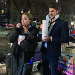 Amanda Schull Instagram - All things sugar and sweet working with the wonderful @travisvanwinkle 
What a lovely man you are my friend - on camera and off. 
That’s a wrap on Lucy! Such a treat to work on this beautiful @hallmark Christmas movie #ProjectChristmasWish Airing December 20th on @hallmarkchannel 🎄🎄🎄

@travisvanwinkle That’s a wrap on working with this talented woman. And on eating all the donuts individually wrapped for Covid safety. And on looking like I am in a John Hughes film.

@amandaschull you are ACES. Lovely to spend some Winnipeg time with you.

@hallmarkchannel 🙌🏽

#projectchristmaswish #Dec20th