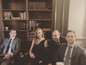 Amanda Schull Instagram - #TBT. I call these: 
Photo 1: “Harvey and his Suitresses” 
Photo 2: “The O.S” (Original Suits). Now open and accepting caption suggestions. #Suits #suitsseason9
