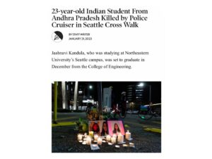 Amrit Kaur Instagram - Trigger warning: The content shared in this post contains material that may be triggering or sensitive to certain audiences. 

The Facts. 

23 year old Jaahnavi Kandula, an Indian immigrant studying at Seattle's Northeastern University, was struck by Seattle police officer Kevin Dave. Her body was thrown more than 100 feet away. She was taken to a hospital. She died.

Eight months after the incident, Seattle Police Department released bodycam footage at the scene from Officer Daniel Auderer, VP of the Seattle Police Officers Guild. He is speaking to another officer. His recorded words: "She is dead." He laughs. "No, it's a regular person." He laughs again. "Let's write a cheque. $11,000. She had limited value."

@HinduSamata, an instagram account hitting over 1 million likes after posting about #JusticeForJaahnavi, has been suspended by Instagram. 

Many accounts have followed suit.

Just the facts.