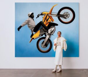Amy Sherald Instagram - This diptych is my ode to Baltimore City and dirt bike culture everywhere. Cities around the country have aggressively moved to crack down on urban dirt biking. But the riders, predominantly people of color, are left with nowhere to go and no readily available options to ride. I hope in the future that municipalities will be able to leverage productive urban planning methodologies similar to what they have done to accommodate for bicycles, and skateboarders. Because for most of rider’s the choice to get on a bike is a choice to choose a positive path in life.  Scroll to see some footage of @wheeliewayne and @chad__5 the day of our shoot. I remain in awe of their skillz.  #baltimorecity #dirtbike #motorcycle 

Title: Deliverance 📸: @olivialifungula ✨