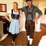 Amy Smart Instagram - Our goofy selves went for it for Octoberfest! @carterooster #cheeseballs #sofun #lederhosen #dirndl