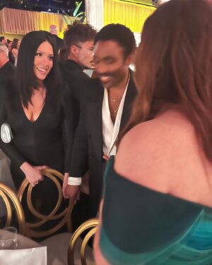 Ana Gasteyer Instagram - Well the rain stopped just in time to get dressed up for a very fancy party last night at the #goldenglobes Many thanks to my dear friend @laurabauer for making me have fun and talk to famous people whom I truly admire. We sat at a bangin’ table of young superwomen @anyataylorjoy @daisyedgarjones @selenagomez and my awesome co-presenter @nicolebyer - also really worked out for Laura‘s TV coverage 😂Plus I had the enormous privilege of presenting my old friend superstar  @JenniferCoolidge her much deserved award! Infinite thanks to the village it took to get me dolled up. I loved my dress and especially appreciated the collaboration with Stylist @andrewgelwicks &  @mihcacho & the designers at @amsale #jeweltones #ombre #boobs #ftw Of course hair and make up were on point with dream team @sascha_breuer & @stephensollitto Lots of compliments on my Ring by @mindimondny earrings by @nicolerosejewelry & clutch by 
@judithleiberny and I can’t say enough good things about a platform shoe by @schutz - Comfortable for hours. Now I’m gonna take a nap. My core is tired from sitting up straight for so many hours. @goldenglobes @nbc @peacocktv