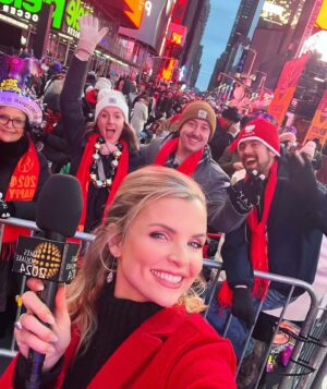Andrea Boehlke Instagram - Here we gooooo! Happy New Year from Times Square! It’s my 10th year hosting the NYE ball drop for the webcast so you know the drill. I’ll be bringing you interviews from 6 pm ET to midnight as we count down to 2024. Link in my stories! Love you all! ♥️ shout out to my fab hair and makeup team @timmackaybeauty & @waltonsworld