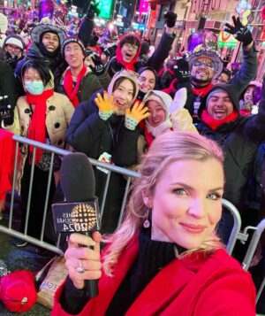 Andrea Boehlke Instagram - Here we gooooo! Happy New Year from Times Square! It’s my 10th year hosting the NYE ball drop for the webcast so you know the drill. I’ll be bringing you interviews from 6 pm ET to midnight as we count down to 2024. Link in my stories! Love you all! ♥️ shout out to my fab hair and makeup team @timmackaybeauty & @waltonsworld