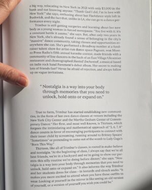 Angela Trimbur Instagram - Kinfolk Magazine Winter Issue on COMMUNITY. 🤍 I never want to stop bringing people together it brings me the most fulfillment in life and it feels like a calling so I’m excited when I can share my dance mission in this way. I learned a lot throughout time on building communities, and have grown into the person I am today, grateful for all the strange life hiccups that brought me to New York, where I can apply what I’ve learned and continue to grow as a person and a choreograher through community. 

I pinch myself that I was able to make my dance class message clear in this big city and do what I love with so many: boldly dance together without caring what others think and encourage others to give themselves permission, because who cares?!? You only get this one life and it’s pretty short. Dont hold yourself back, times a’tickin. And yes painful things in life are always going to pop up that will change your course but if you bend with the wind, you’ll move through it. 

~ @kinfolk 〰️
Beautifully written by @emilyjaynemay 
Photograher @lukelovell.img 
Stylist @thatgirlisacowboy 
HMU @nicolewittman