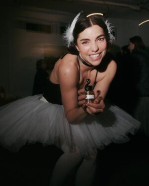 Angela Trimbur Instagram - Danced at launch of and for 2 perfumes and now can decide everyday if I’m the black swan or the white swan as @gumamina.world has a stunning new double scent drop 🦢🦢 @marissazappas @universalflowering xx