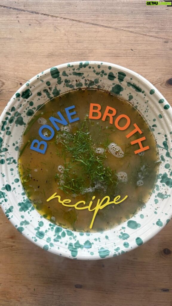 Angela Scanlon Instagram - She’s been making BONE BROTH!!!🍗 save this for when you fancy a satisfyingly smug Saturday activity!! Recipe below x SO…You’re looking for bones gang!! Chicken, beef, pork, whatever. But let’s start gently with chicken… Go to your local butcher or if you’ve got a market close by ask them to bring the bits for you. With chicken you want the carcass, bones, all the fiddly bits as they’re super high in collagen. Whack some oil or butter in a pot, this isn’t necessary but I love to feel like there’s a bit of browning first or a singe of sorts! And because… butter. Add some water (I generally start with half a pint and keep adding) but you want the broth to have some guts rather than just dilute it to water (at this stage) so don’t add it all at once. You can pretty much chuck in whatever you want next; herbs (fresh or dried), celery, carrots, onion, garlic (if you fancy but I tend to leave this out), mushrooms, leeks, go wild. Salt, pepper. Lid on and let it do its thing. After an hour or 2 or 3 or 4 (low low heat). Take it off the hob. All the meat will have fallen away. Now you want to start wrestling with the bones a bit. Use a fork or the back of a spoon to loosen up the knuckles and other bits to release all of the goodness and especially the juicy collagen. If you’ve gone with bone marrow fork out the centre - this is ridiculously satisfying. Back on for another hour or so but really you just need to watch it and gauge it as you go. Add more water if you need. Drain & enjoy (literally the best broth you’ve ever had!) Pop the rest in a bowl. Once it cools it can go straight in the fridge & it turns to jelly (which makes you realise how little of the real stuff is in the watery- shop bought versions that cost a fortune). Whack a few spoons of the jelly in a pan to reheat with water. Drink it straight, add to sauces, sneak into kids food or just nail it by the spoonful. 😘