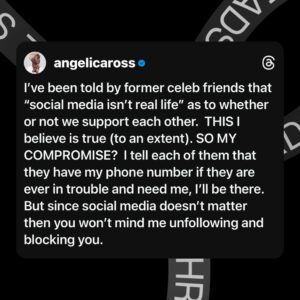 Angelica Ross Instagram - I’ve been told by former celeb friends that “social media isn’t real life” as to whether or not we support each other.  THIS I believe is true (to an extent). SO MY COMPROMISE?  I tell each of them that they have my phone number if they are ever in trouble and need me, I’ll be there.  But since social media doesn’t matter then you won’t mind me unfollowing and blocking you.