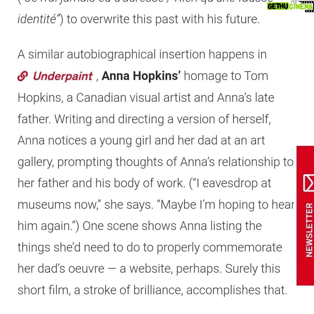 Anna Hopkins Instagram - Thank you @telefilm_canada, what a wonderful honor! Very happy to share my short film UNDERPAINT has been selected to be part of Canada's Not Short on Talent Program at the Cannes Short Film Corner, powered by @Telefilm #CdnFilm #RDVCanada #Cannes2022 This project wouldn't have been possible without @canada.council and the INCREDIBLE people listed below! Thank you from the bottom of my heart. ❤️ Producer: @mariahowen Co-Producer: @mtlwaters EP: @altimasc, @joeking1950 DP: @matjbarkley Production designer: Camellia Koo Editor: Michelle Szemberg @mybellepix Original music: @jackson__greenberg Script supervisor: @katrinawestin Key H/M: @temi.shobowale Costume design: @blxlnd Sound recordist: @b_jammin88 1st AD: @matt.moreland 1st AC: @ontario.peach, @tmangin76 2nd AC: @kwaku.kufuor , @alexclark.mp3 Gaffer: @kaython Key Grip: Simon Sealy Swing: @thesusanliu Set dresser: @junghye.kim.357 Stills: @sabbles All camera & G/E: @wfw_intl Post: @pictureshoppost Location: @metiviergallery Casting: @lewiskaycastingofficial Cast: Ben Carlson, @mayamisaljevic @somkele_i @dillon_bre 🎨