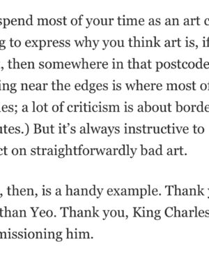 Annabel Crabb Instagram - So much commentary around this week about the King’s new portrait by Jonathan Yeo… this one, by the @washingtonpost’s @sebastian.smee, made me laugh out loud … “unaccountably frightening” 😂😂😂 (swipe for highlights)
Smee is the reason I subscribe to the Washington Post - and his Insta feed is a treasure trove of insight into beautiful and surprising works. 
Personally, I reckon the painting’s colour scheme is an INCREDIBLY bold direction for a subject who once mused aloud upon his longing be a sanitary product. Maybe the whole thing is an epic troll by Big Tampax? Sorry, I made this high art discussion yucky didn’t I. As you were. But give the Smee a follow, ya won’t regret it.