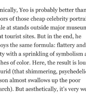 Annabel Crabb Instagram - So much commentary around this week about the King’s new portrait by Jonathan Yeo… this one, by the @washingtonpost’s @sebastian.smee, made me laugh out loud … “unaccountably frightening” 😂😂😂 (swipe for highlights)
Smee is the reason I subscribe to the Washington Post - and his Insta feed is a treasure trove of insight into beautiful and surprising works. 
Personally, I reckon the painting’s colour scheme is an INCREDIBLY bold direction for a subject who once mused aloud upon his longing be a sanitary product. Maybe the whole thing is an epic troll by Big Tampax? Sorry, I made this high art discussion yucky didn’t I. As you were. But give the Smee a follow, ya won’t regret it.