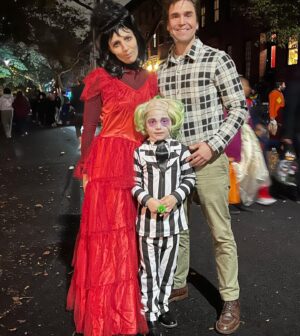 Annaleigh Ashford Instagram - Halloween 2023 🎃 Jack as Beetlejuice, Mom as Lydia, Dad as Alec Baldwin and Gracie as The Handbook for the Recently Deceased 😍