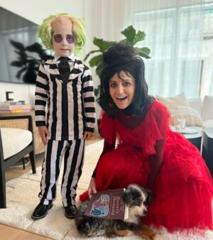 Annaleigh Ashford Instagram - Halloween 2023 🎃 Jack as Beetlejuice, Mom as Lydia, Dad as Alec Baldwin and Gracie as The Handbook for the Recently Deceased 😍