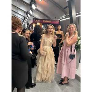 Annaleigh Ashford Instagram - Yes chef! The #Emmys was super fun and I got to bring my mom because Joe is in rehearsal ❤️ I was also in a @timburton @jennifercoolidge sandwich in the press line. Showbiz is wacky. It was pure magic to be nominated alongside some of my @wtchippendales pals. Thank you @televisionacad for the honor! 🤍🌈 

Styling: @bradgoreski @nicksegodi
Hair: @tedgibson
Makeup: @gregoryarlt

Gown: @carolinaherrera
Jewels: @leightonjewels
Shoes: @louboutinworld
