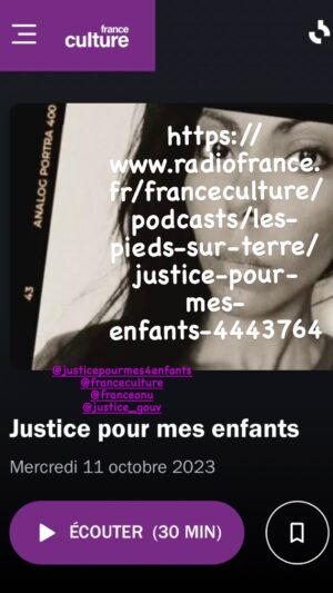Anne Caillon Instagram - ÉCOUTEZ LE PODCAST et RELAYEZ 🙏🏼😡💔!!!

Merci @pauline.rongier.avocat pour son combat contre le déni de justice 
Quel(lle) juge peut en toute conscience autoriser le supplice des enfants battus dont le viol par un(e) parent(e) a été signalé par des professionnels de santé, sous prétexte de la présomption d’innocence aujourd’hui en France?

Comment est-il possible que la non présentation d’enfant par une mère afin de protéger son enfant  prévale, aux yeux de la loi, sur l’inceste du père ????!!!??? 
https://www.radiofrance.fr/franceculture/podcasts/les-pieds-sur-terre/justice-pour-mes-enfants-4443764

@justice_gouv  #ericdupondmoretti @justicepourmes4enfants @enfance.et.partage