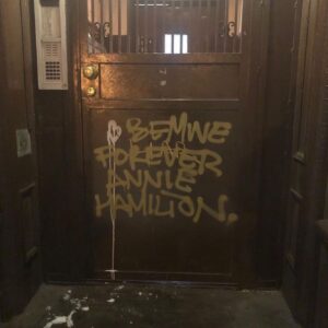 Annie Hamilton Instagram - Three years ago today I moved back to NY after living in LA for ten years

My second night back I met a skater (my first and last of those characters) and he walked me home after an evening of whippets. My front door had this scribble that said: “You had me at hello.” I really loved that scribble and thought it was a good omen for me. At the same time I was pretty embarrassed by its tweeness so I told the skater that I hated it. Wrong move cus He IMMEDIATELY pulled out a can of spray paint and painted “LIAR” over it ..: that’s what skaters do I guess,,, and it just happened so fast… I couldn’t believe he somehow knew my biggest problem (lying) (it was that obvious)—- and all of a sudden I was forever branded so I wept and had him hold me and then made him sleep with me.

The next day I went outside and instead of LIAR it said BE MINE FOREVER ANNIE HAMILTON and it made me feel better but it also made this skater suddenly REVOLTING to me so I told my friends he was actually my personal stalker and I never spoke to him again.

My stories are better in NY and I am very happy to be back and will never move away again ♥️