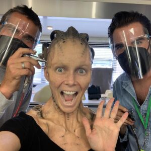 Annie Wersching Instagram - Sick of #Picard posts yet? 
😉👑👽Never, you say?! Great! 
In honor of our panel at @wondercon today, this one goes out to the incredible artists who designed, executed and applied this tricky prosthetic.  In the beginning I was called 4 hours before I was due on set. That included everything…hair in a bun, bald cap, crown on, 10 overlapping prosthetics, airbrushing and hand painting. Then costume and corset and all the rest. We very quickly got the whole shebang down to 2 1/2 hours! I’d go film some snarky BQ scenes and then it would take about 25 mins to remove the makeup pieces. I would let my hubs/family know I was almost finished by sending one of these ridiculous pics of prosthetics being cut off my face! 🤣 Some of my favorite times throughout my whole #StarTrekPicard experience were sitting in the chair being worked on by @jrmackinnon amd @kevinkirkpatrickart. I mean….what talent! And what great humans.❤️@vincentvandykefx and his team created piece after piece and @nevillepage was the concept artist for the whole thing! They did all of this while under the strictest of Covid protocols. I applaud them tremendously and I’m sure they’ll win lots of Emmys. 🏆 As they should! 
Don’t even get me started on @christineclarkdesign and @syzygy_designs and their ridiculously amazing detailed fittings and BQ costume…We’ll save that for next week ;) @startrek @startrekonpplus #picardbts