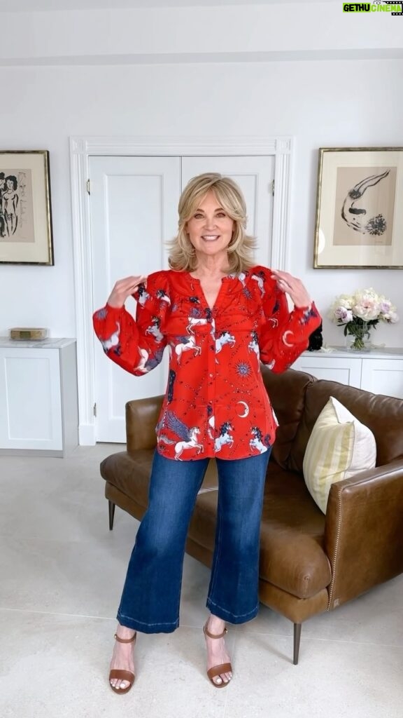Anthea Turner Instagram - A lot of you have been commenting about this red top from my friend @toniabuxton brand @templeofrhapso ❤️ Such a great top that’s light weight and easy to wear, she also has some beautiful dresses in the same fabric which is creaseless. I had it folded in my bag when I went to Crete pulled it out and it didn’t even a freshen up, put it straight on and was good to go. If you want to stand out in a photograph wear red, be brave and wear this bold colour. I love it! Use code ANTHEA for 10% off! Video Jeans - @paige Shoes - @ralphlauren via @brandalleyuk Crete Pictures Trousers - (bought in 2006) @raychelroberts Bag - @lulu_guinness Shoes - @penelopechilvers
