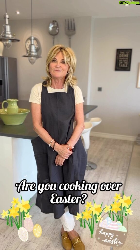 Anthea Turner Instagram - Who’s cooking over the Easter Weekend? I am and going to wear an apron for a change instead of forgetting …… And then splat - Its too late!! My lovely friend Donna gave me this one and I adore it, a tenner from @dunelmuk and washes really well