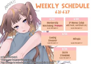 Anya Melfissa Instagram - 【WEEKLY SCHEDULE】

YT Channel: youtube.com/channel/UC727SQYUvx5pDDGQpTICNWg

Tags
General: #Anya_Melfissa
Fanart: #anyatelier
Fan name: #Melfriends
Livestream: #Liveissa

Note that fan submissions may be used in future activities.