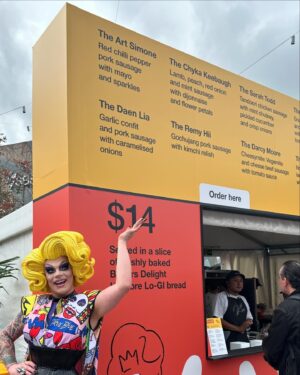 Art Simone Instagram - CELEBRITY SAUSAGE for @melbfoodandwine festival 🖤 

In one of the campest moments of my career, I had the pleasure of popping by @fed.square yesterday to sample my namesake sausage! The Art Simone is still available today amongst all the creative creations by my fellow celebs, head on down grab a snag 😍