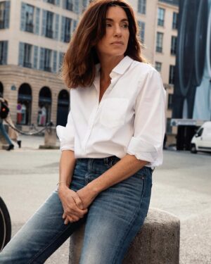 Aure Atika Instagram - Welcome to the MM shirt club beautiful @aureatika 🥰
White shirt forever! 
« If you ask me what I’d most like to have invented in fashion, I’d say the white shirt, everything else comes after.” #karllagerfeld 
#mariemarot #shirt #shirtclub #aureatika #whiteshirt #jackie #paris #timeless