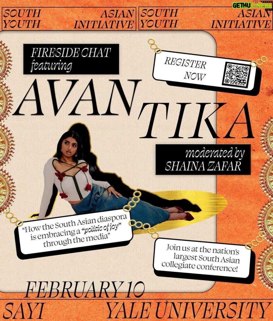 Avantika Vandanapu Instagram - This weekend, I’ll be speaking at the nation’s largest South Asian collegiate conference, @southasianyouthinitative at Yale University, hosted from February 9th, 10th and 11th✨ I will be talking with @shainazafar about how the South Asian diaspora is embracing a politic of joy through media! A call to South Asian students across the country to register for this amazing event that aims to celebrate South Asian culture and heritage! Be a part of a weekend of festivities and fun, academic panels, workshops, live entertainment, career mentorship, all culminating with a celebratory Gala and Chai After Dark after party 💛🌏 Register on https://www.southasianyouthinitiative.com and get your tickets before they run out🎟️🎟️🎟️ I hope to see you there 🥰 #southasianyouthinitiative #southasia #southasian #desi #conference #collegiateconference #yale #yaleuniversity