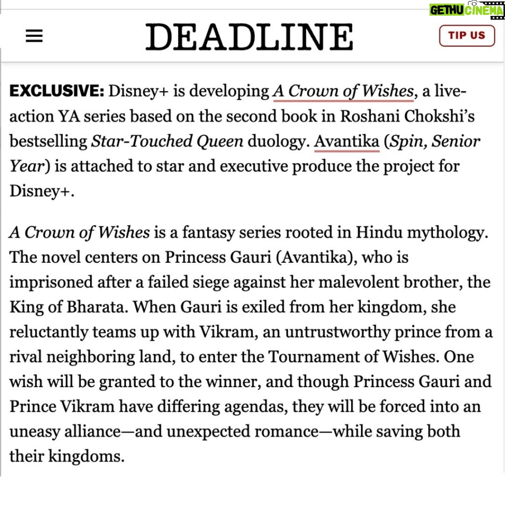 Avantika Vandanapu Instagram - ❗NEW ERA OF DISNEY PRINCESS❗ 🧚👸🧝‍♀️ i genuinely have tears in my eyes posting this right now. @roshanichokshi wrote one of my favorite books till date. SWIPE to read a little logline of it - promise you won't regret it. ever since i read 'a crown of wishes' two years ago, it became my passion to see the novel come to life. so, to now, have the HONOR of being able to headline and EXECUTIVE PRODUCE (how fcking cool is that?!?!) this fantasy show - that's going to launch a new era of princesses for disney - is absolutely crazy. show all the support you can - that's how we ensure that this makes it to your TV at home :). all my thanks to @disney @disneyplus @zannedevine @rajvr42 @reenaksingh331 @roshanichokshi - i can't wait to go on this journey with you all.