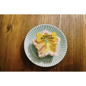 Ayako Yoshitani Instagram - コンタくん、
11月1日で５歳の誕生日でした🎂

ダイエット中なので、
ケーキは小芋ちゃんと半分こ🐶

実は後ろで見てる小芋。笑