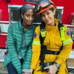 Azie Tesfai Instagram - I took almost two years off from taking any acting jobs to focus on some incredible writing and development projects (exciting updates on that soon!;)), but when @tessasimages and @jainaleeortiz call and ask you to join the cast of #station19 you say YES. One of the best and most fun experiences working with friends. Hope you guys enjoyed the episode last night, next week’s episode gets even more INSANE. Loved these humans and this experience. 🥰 Also the last two photos were Jaina and I meeting on a show called Rosewood 9 years ago, she’s one of my closest gfs now so we had to recreate the photo once back at work together again🙌🏾💛