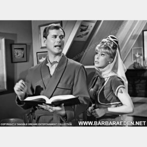 Barbara Eden Instagram - This shot was taken during rehearsal on the "I Dream of Jeannie" episode, "My Master the Great Caruso." This also was the episode where Jeannie found out her birthdate from Roger, April 1st, 64 B.C. Not too bad for a 2,000-year-old Jeannie! 🤣 -B 

#idreamofjeannie #barbaraeden #larryhagman #classictv #funny #comedy #magic