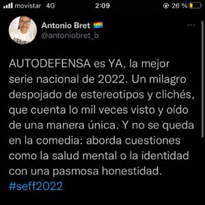 Belén Barenys Instagram - voy a presumir un poco de lo que ha sido estrenar Autodefensa en el @festivalsevilla aki con tuits y todo porque nos han dicho un monton d cosas bonitas y estoy super orgullosa d nosotros y agradecida de que este primer recibimiento haya sido tan bueno😭💘 29 d noviembre @enfilmin no lo olvideis z0rras 💘